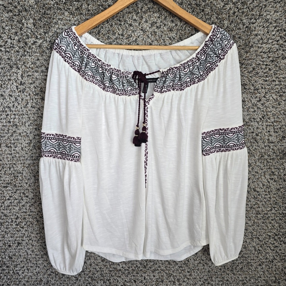 White House Black Market Top Womens Small White Embroidered Slub Knit Blouse